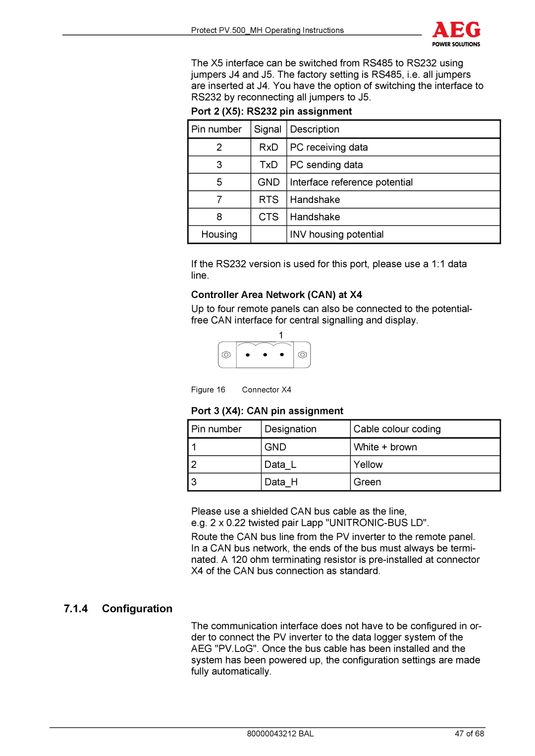 AEG PV.500-MH Configuration, Port 2 X5 RS232 pin assignment, Controller Area Network can at, Port 3 X4 can pin assignment 