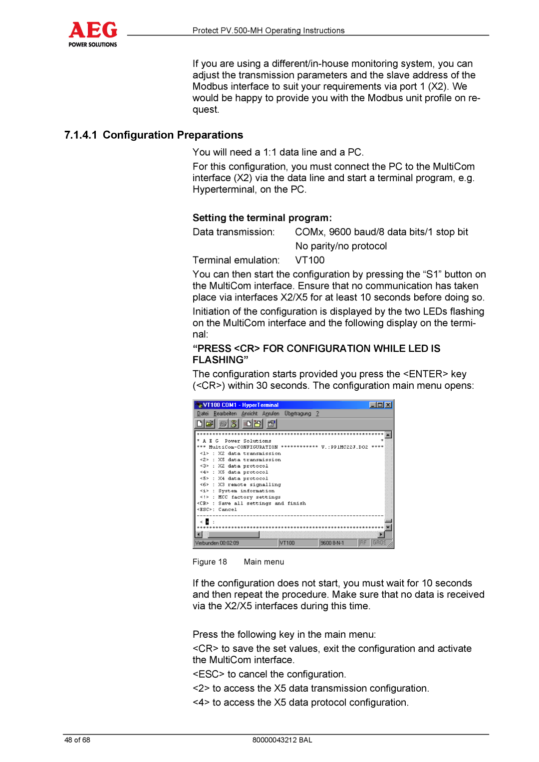 AEG PV.500-MH manual Configuration Preparations, Setting the terminal program 