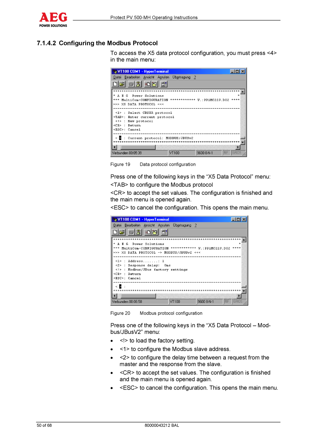 AEG PV.500-MH manual Configuring the Modbus Protocol, Data protocol configuration 