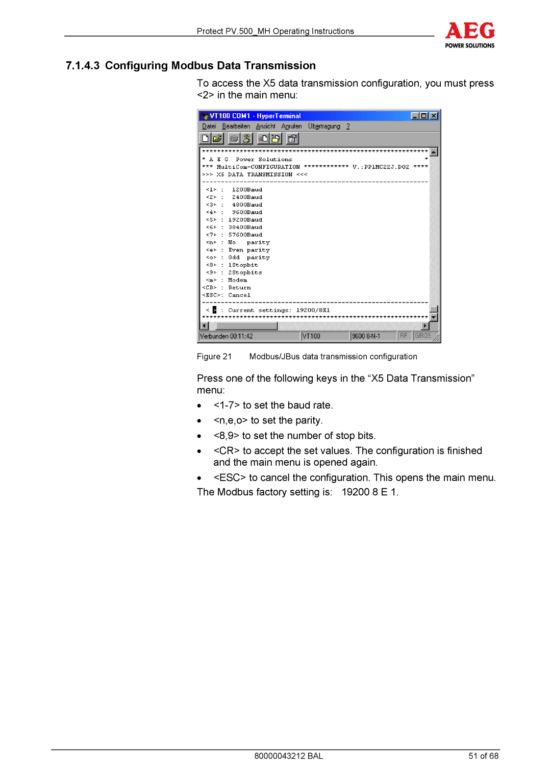 AEG PV.500-MH manual Configuring Modbus Data Transmission, Modbus/JBus data transmission configuration 