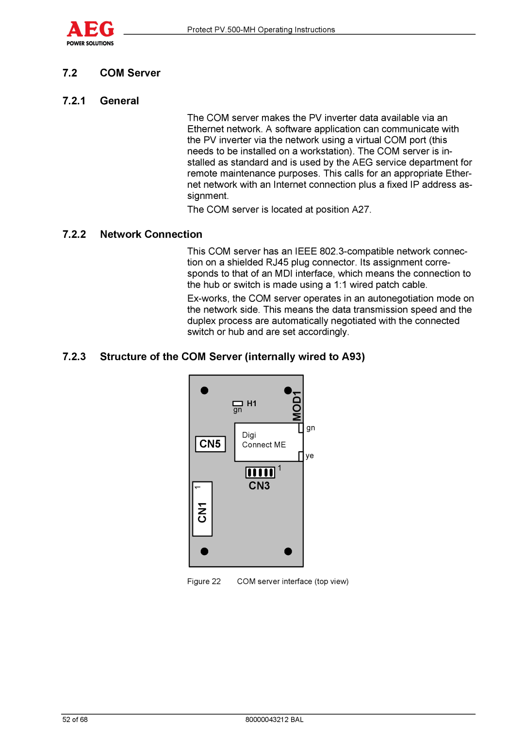 AEG PV.500-MH manual COM Server General, Network Connection, Structure of the COM Server internally wired to A93 