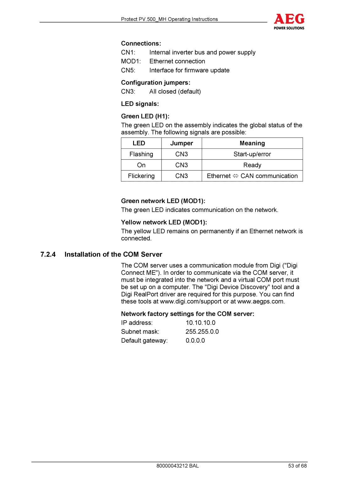 AEG PV.500-MH manual Installation of the COM Server 