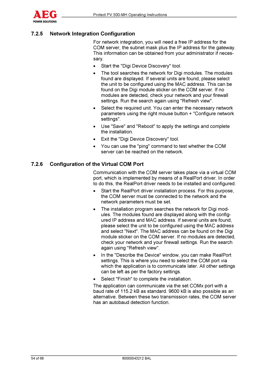 AEG PV.500-MH manual Network Integration Configuration, Configuration of the Virtual COM Port 