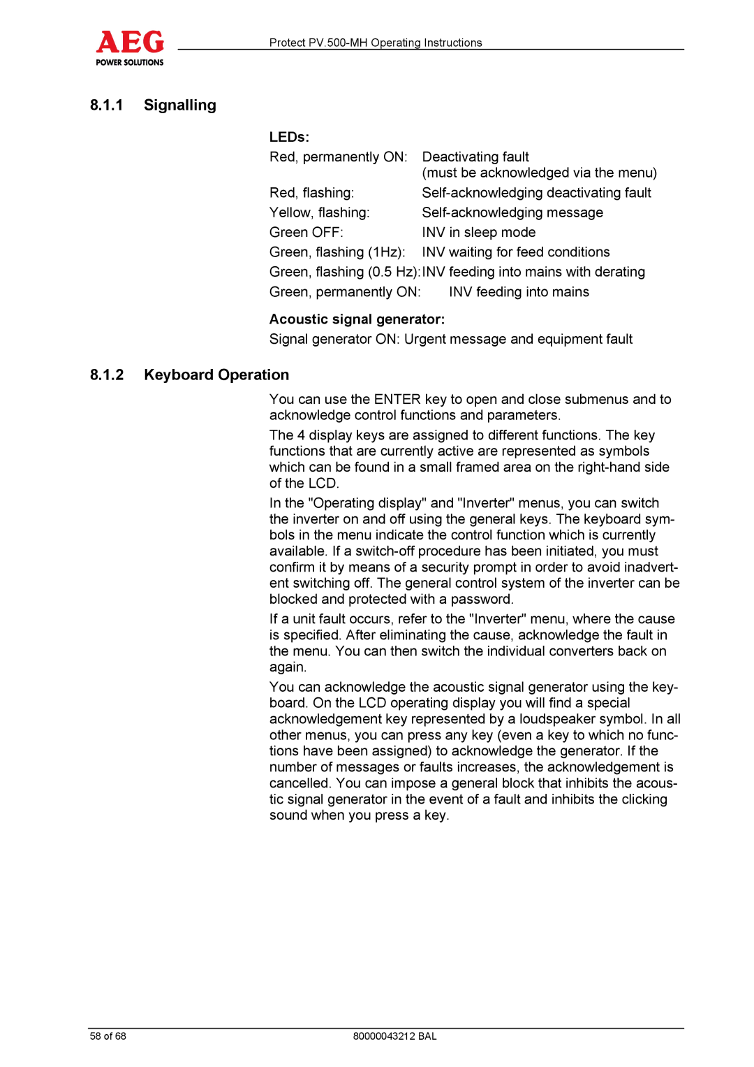 AEG PV.500-MH manual Signalling, Keyboard Operation, LEDs, Acoustic signal generator 