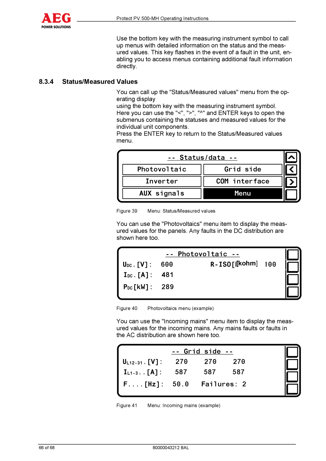 AEG PV.500-MH manual Menu, Status/Measured Values 