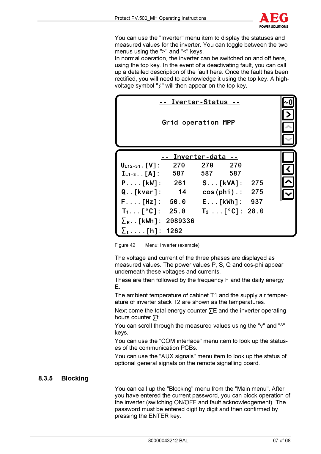 AEG PV.500-MH manual Blocking, Menu Inverter example 