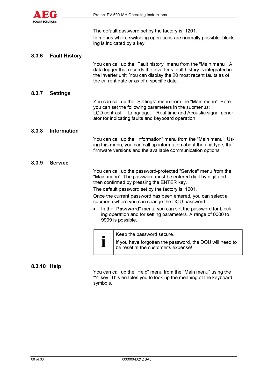 AEG PV.500-MH manual Fault History, Settings, Information, Service, Help 