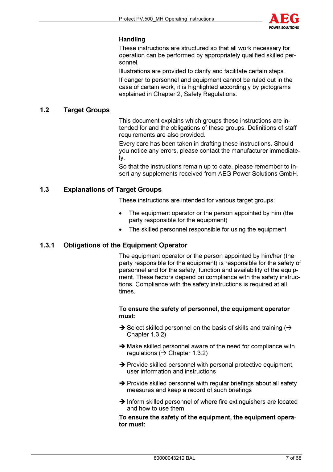 AEG PV.500-MH manual Explanations of Target Groups, Obligations of the Equipment Operator, Handling 