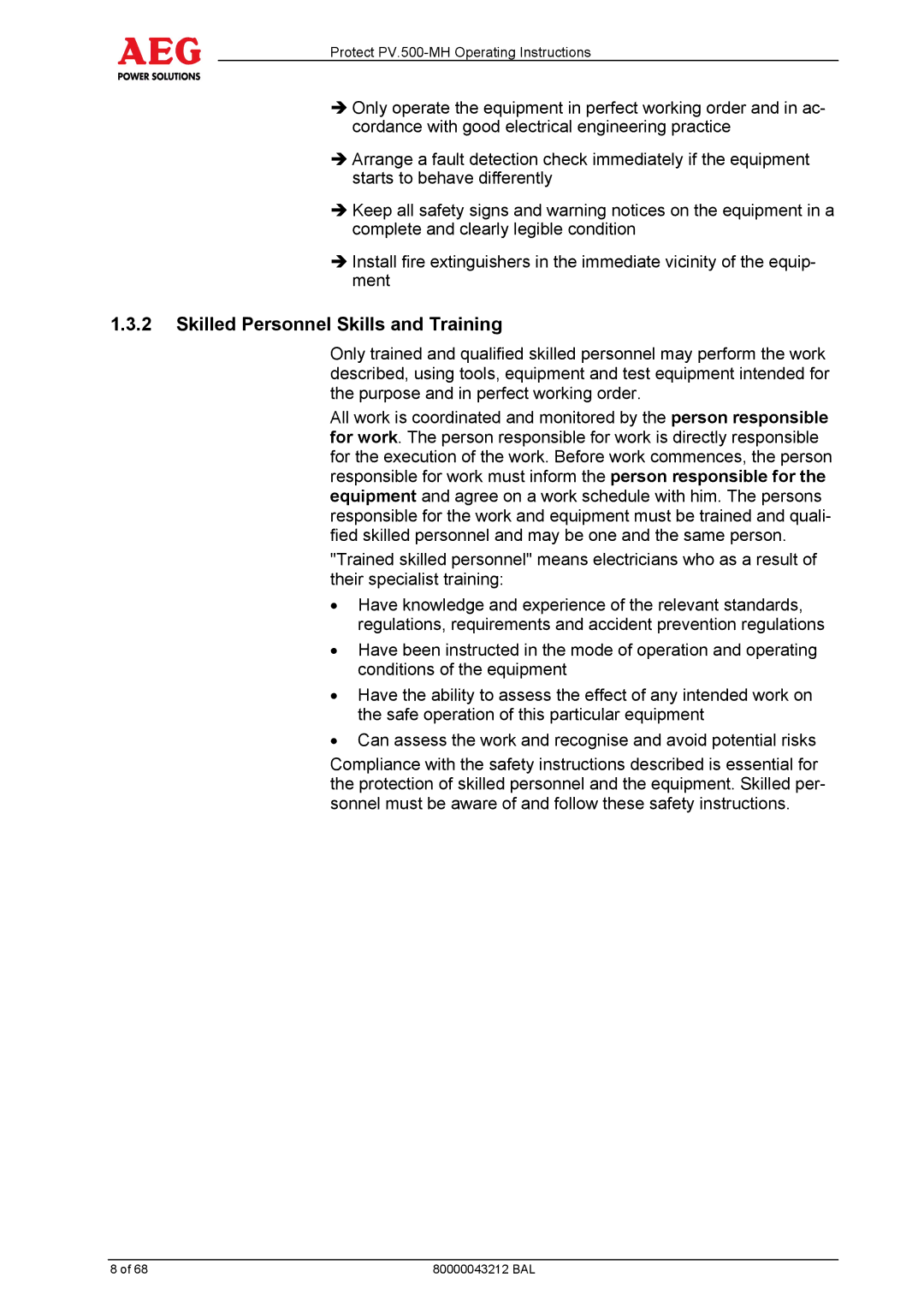 AEG PV.500-MH manual Skilled Personnel Skills and Training 