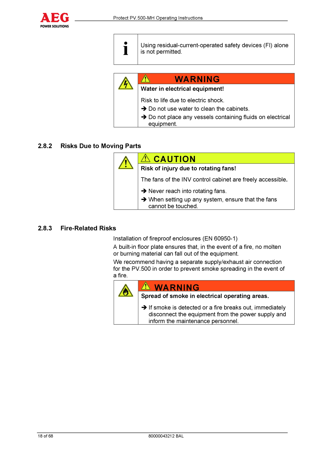AEG PV.500-MH manual 2.8.2Risks Due to Moving Parts, 2.8.3Fire-RelatedRisks, Water in electrical equipment 