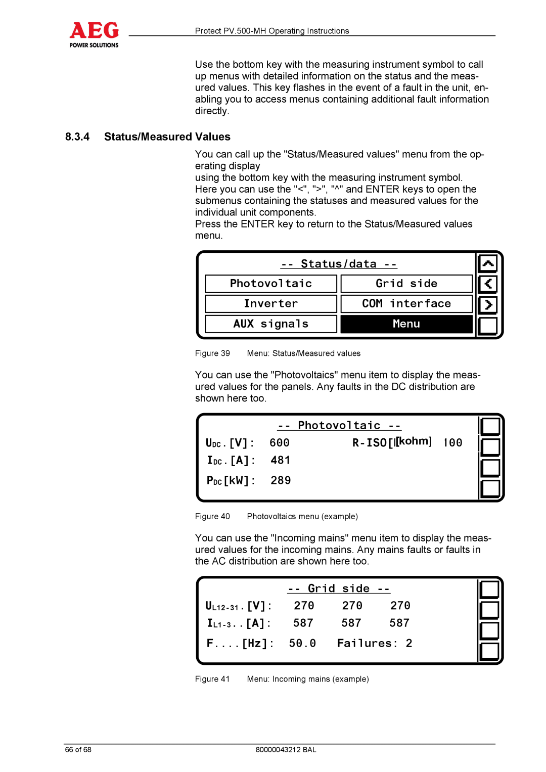 AEG PV.500-MH manual Status/data, Menu 