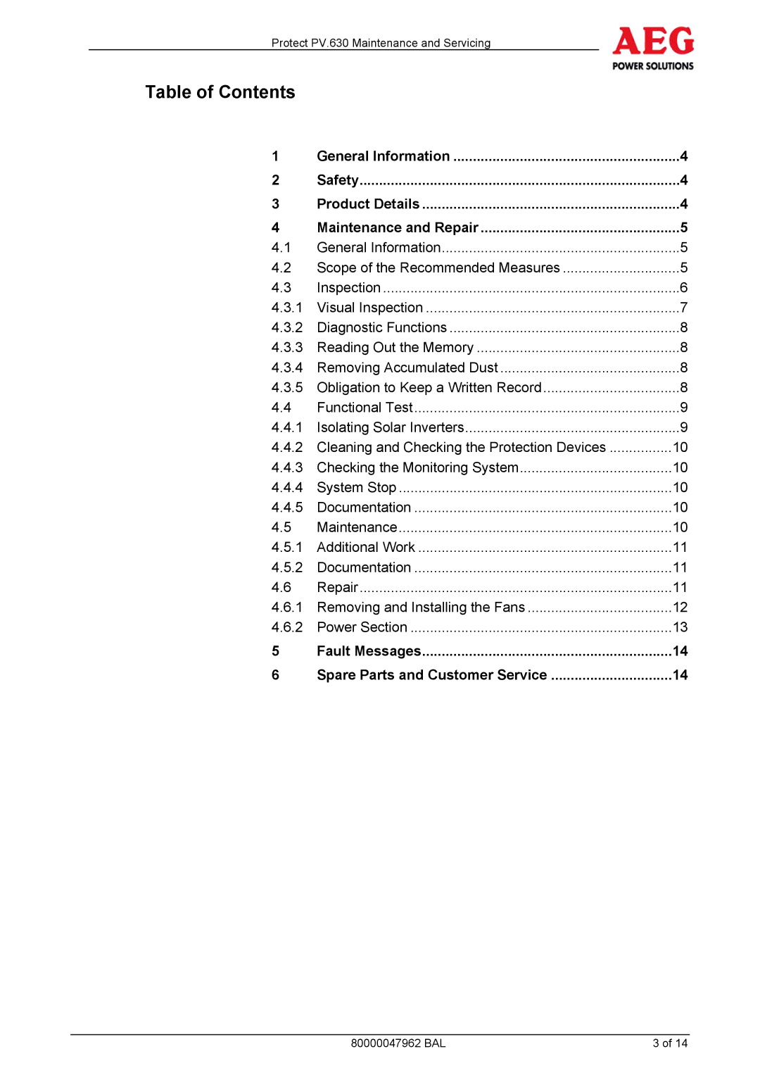 AEG PV.630 manual Table of Contents, Fault Messages 