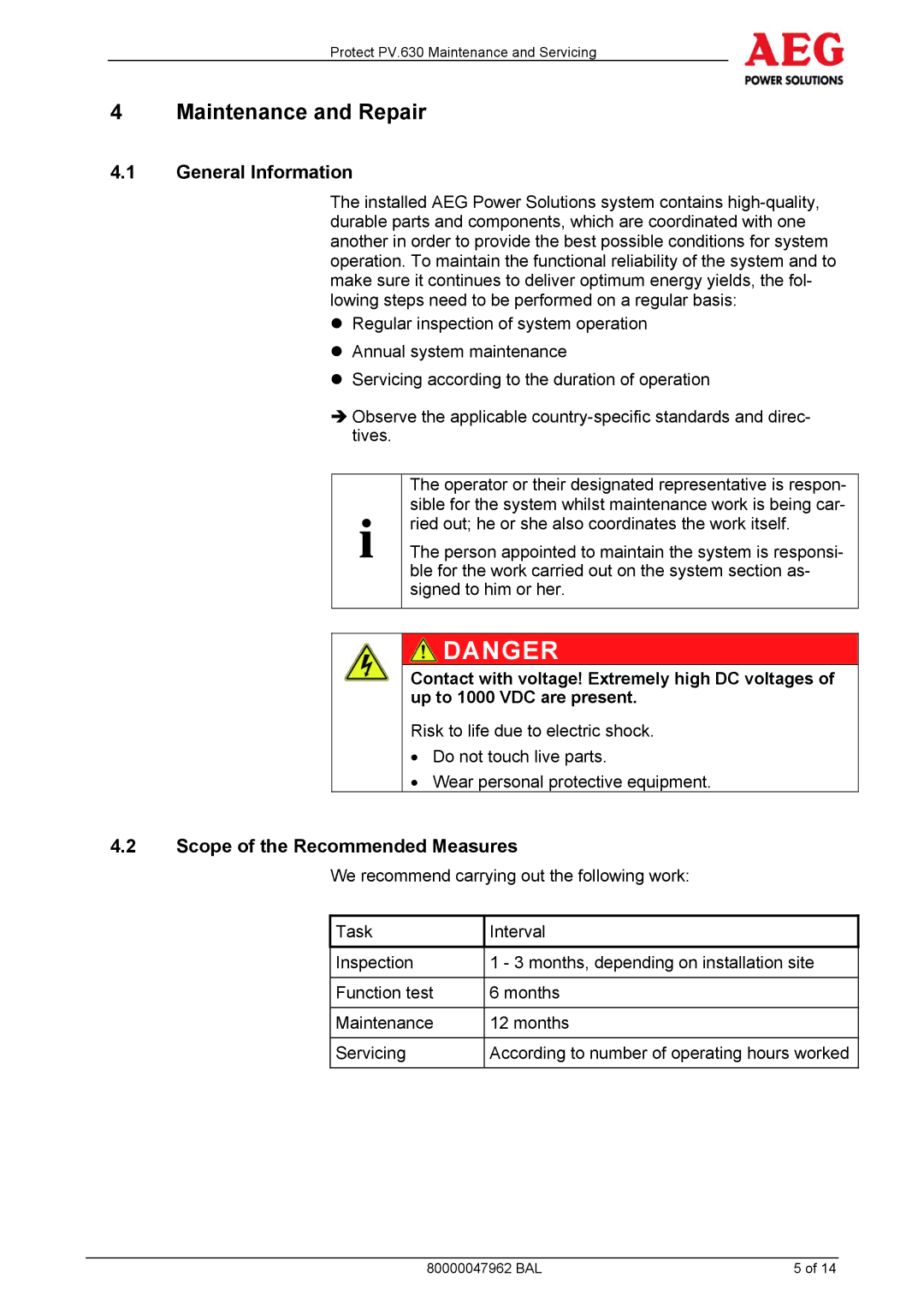 AEG PV.630 manual Maintenance and Repair, Scope of the Recommended Measures 