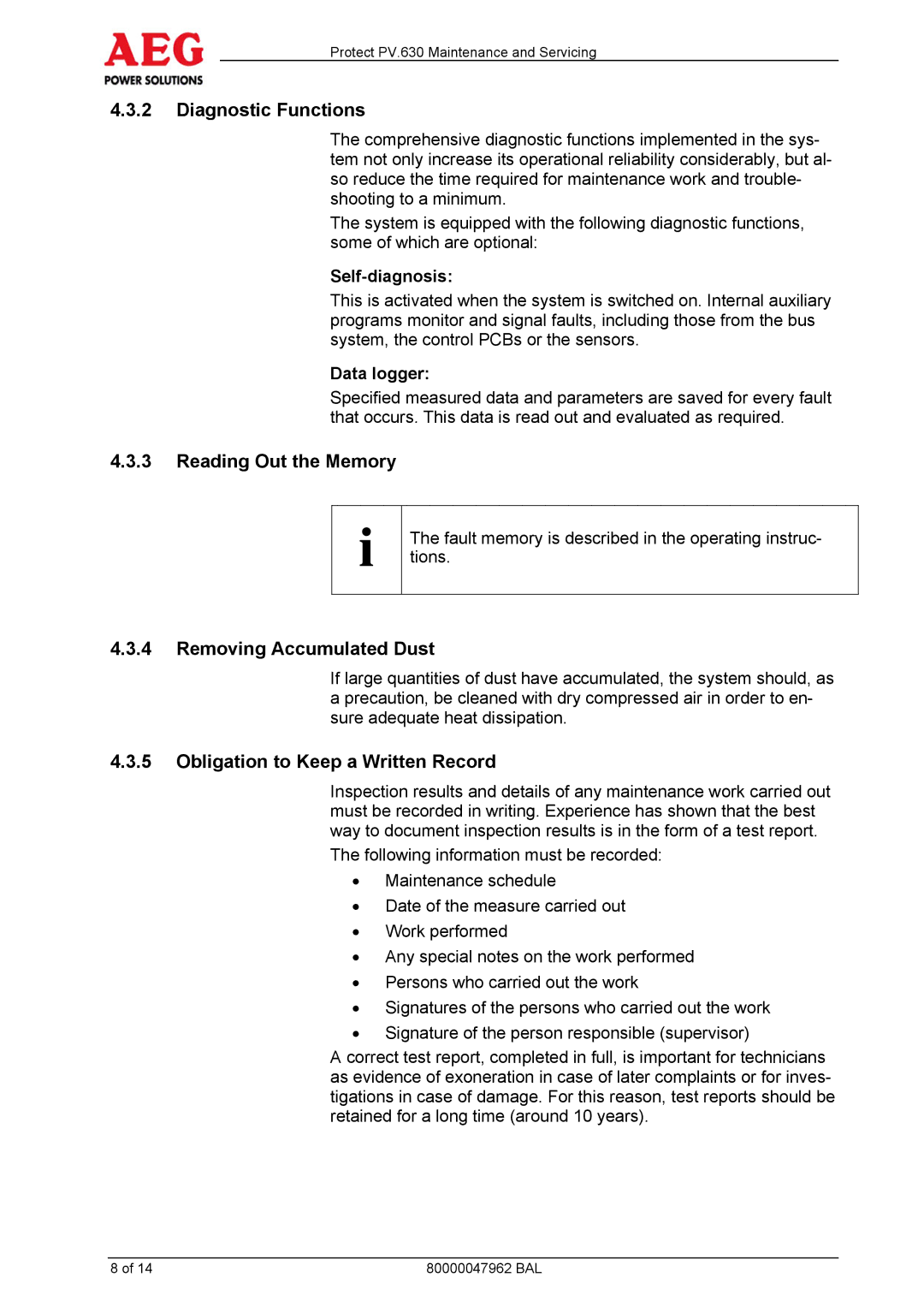 AEG PV.630 Diagnostic Functions, Reading Out the Memory, Removing Accumulated Dust, Obligation to Keep a Written Record 