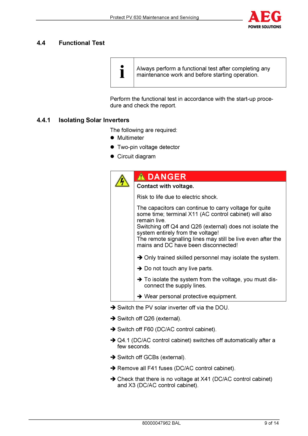AEG PV.630 manual Functional Test, Isolating Solar Inverters 