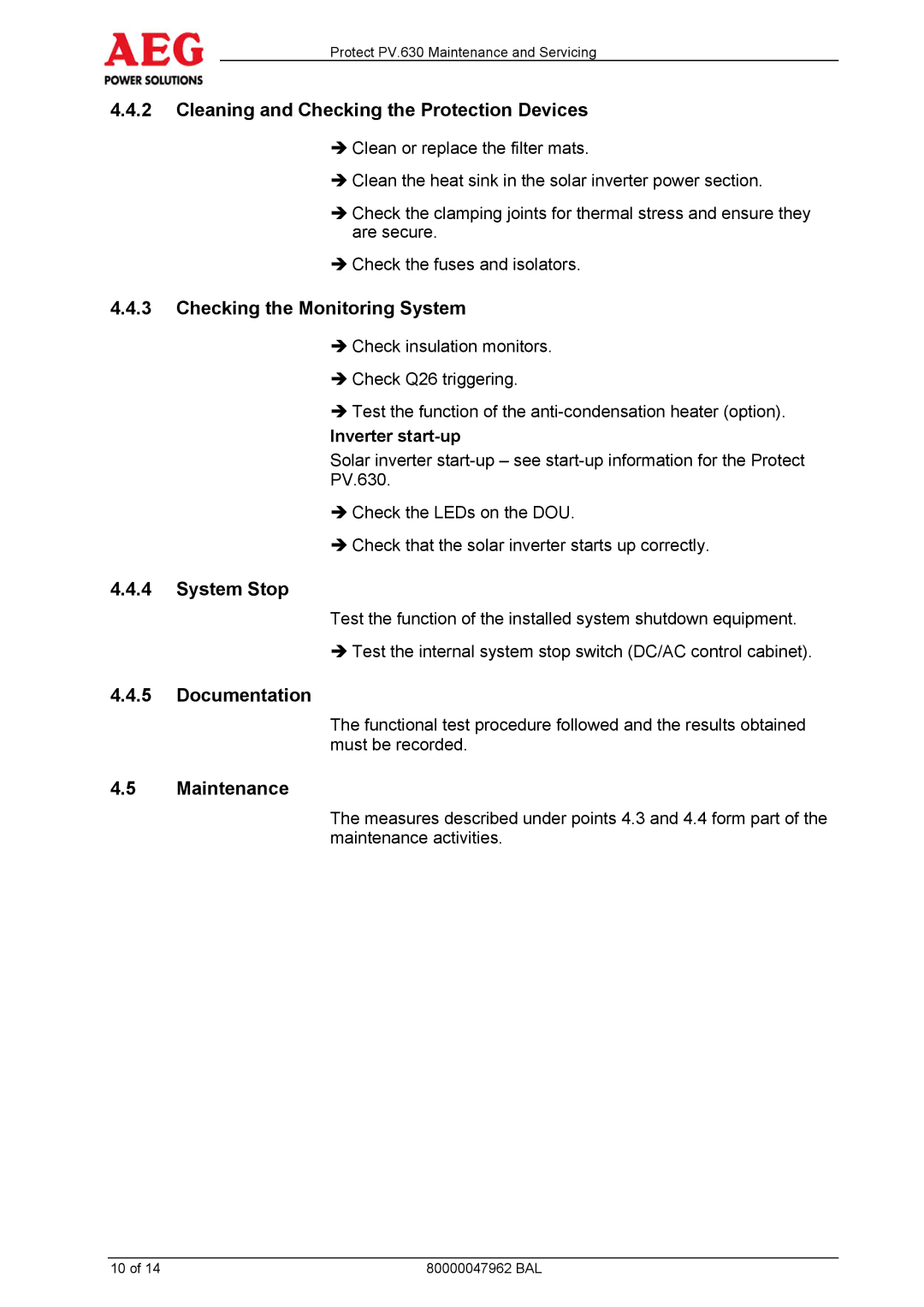 AEG PV.630 manual Cleaning and Checking the Protection Devices, Checking the Monitoring System, System Stop, Documentation 