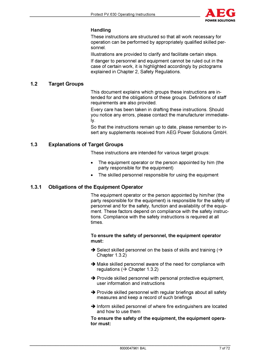 AEG PV.630 manual Explanations of Target Groups, Obligations of the Equipment Operator, Handling 