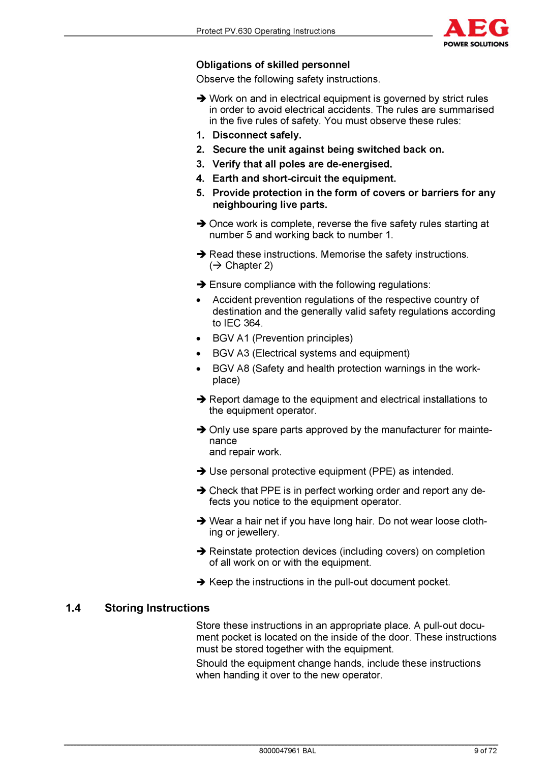 AEG PV.630 manual Storing Instructions, Obligations of skilled personnel 