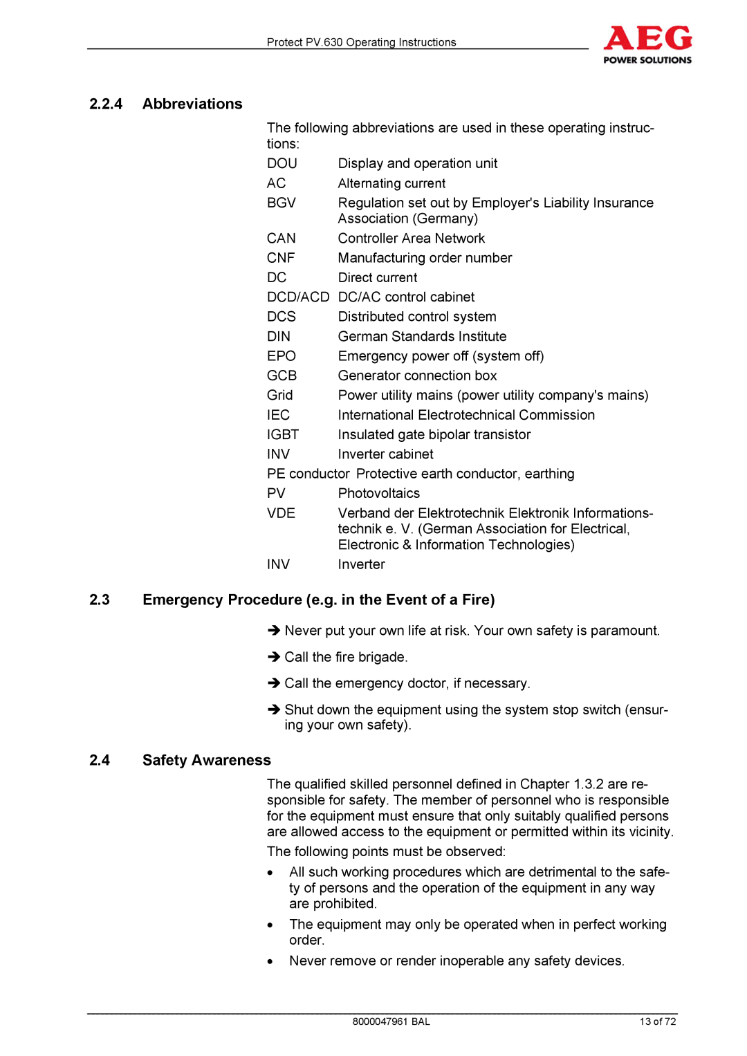 AEG PV.630 manual Abbreviations, Emergency Procedure e.g. in the Event of a Fire, Safety Awareness 