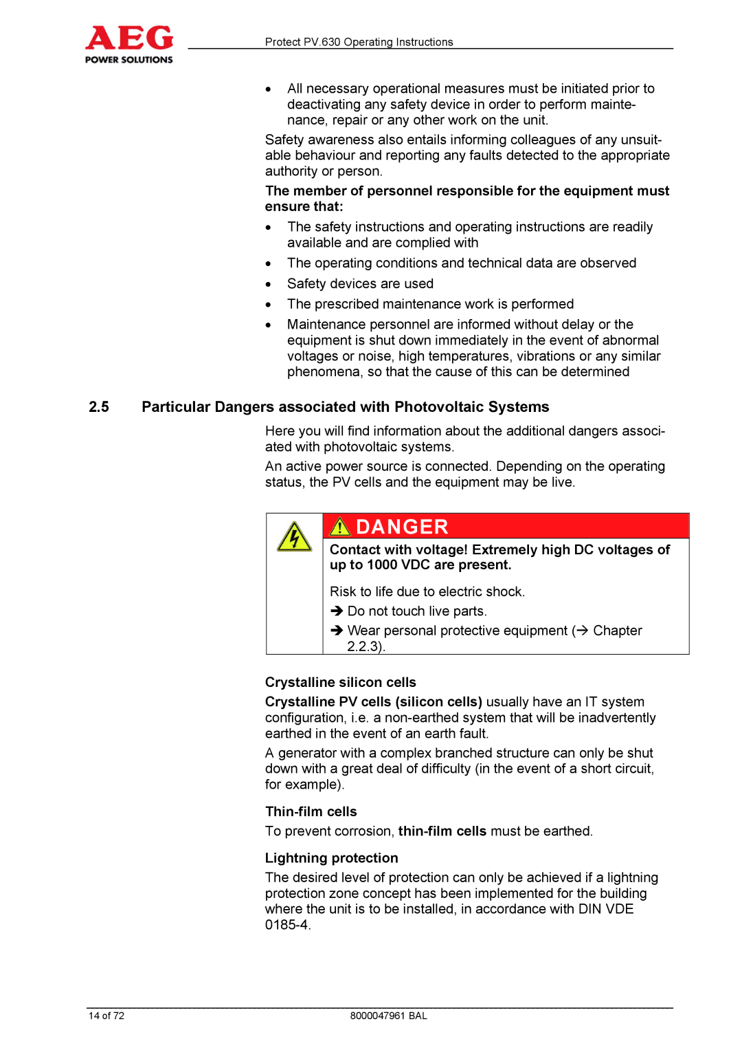 AEG PV.630 manual Particular Dangers associated with Photovoltaic Systems, Crystalline silicon cells, Thin-film cells 