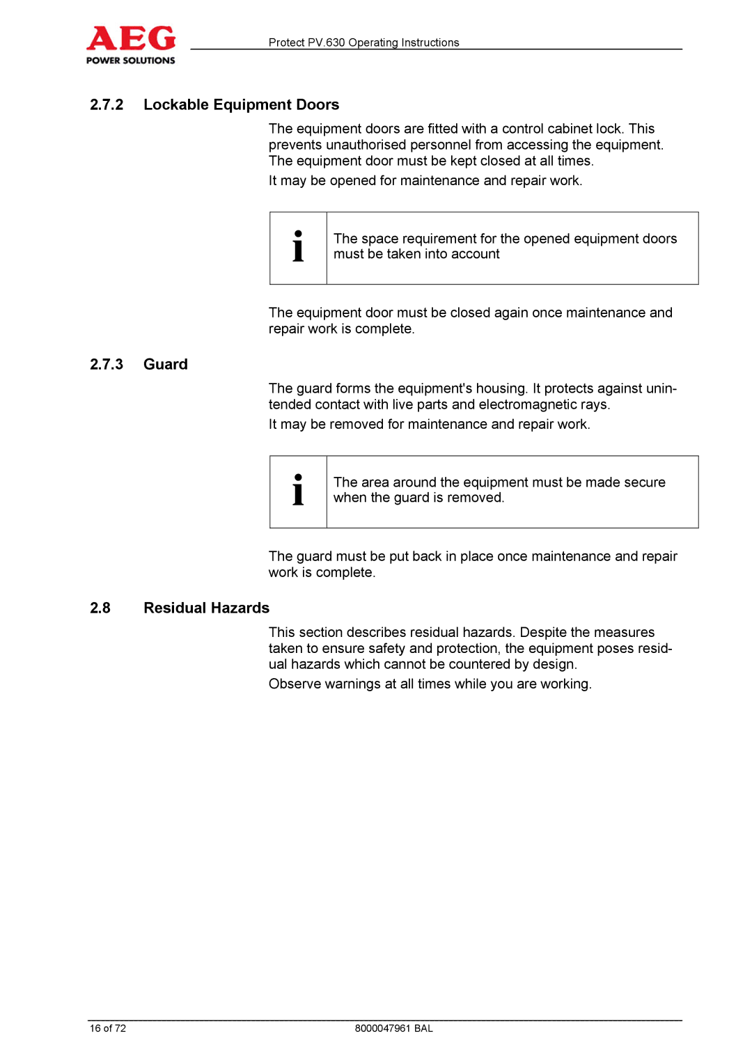 AEG PV.630 manual Lockable Equipment Doors, Guard, Residual Hazards 