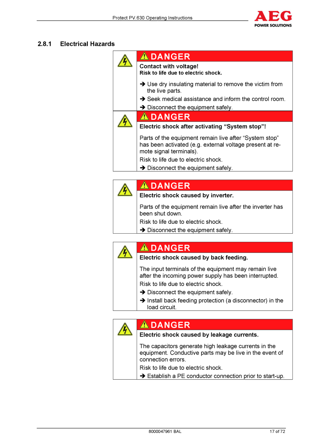 AEG PV.630 manual Electrical Hazards 