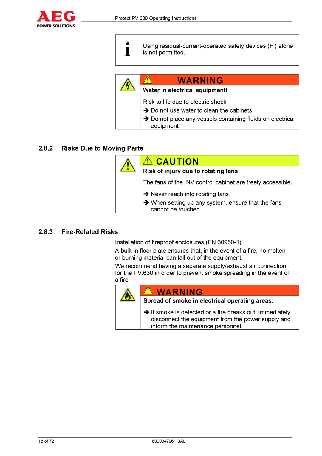 AEG PV.630 manual Risks Due to Moving Parts, Fire-Related Risks, Water in electrical equipment 