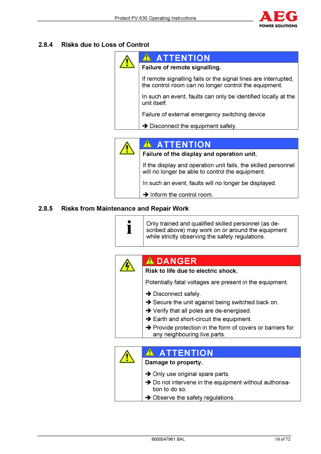 AEG PV.630 manual Risks due to Loss of Control, Risks from Maintenance and Repair Work 