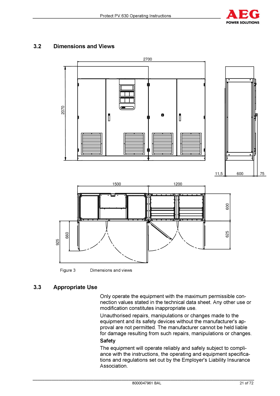 AEG PV.630 manual Dimensions and Views, Appropriate Use, Safety 