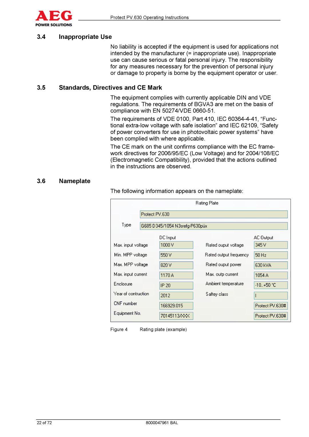 AEG PV.630 manual Inappropriate Use, Standards, Directives and CE Mark, Nameplate 