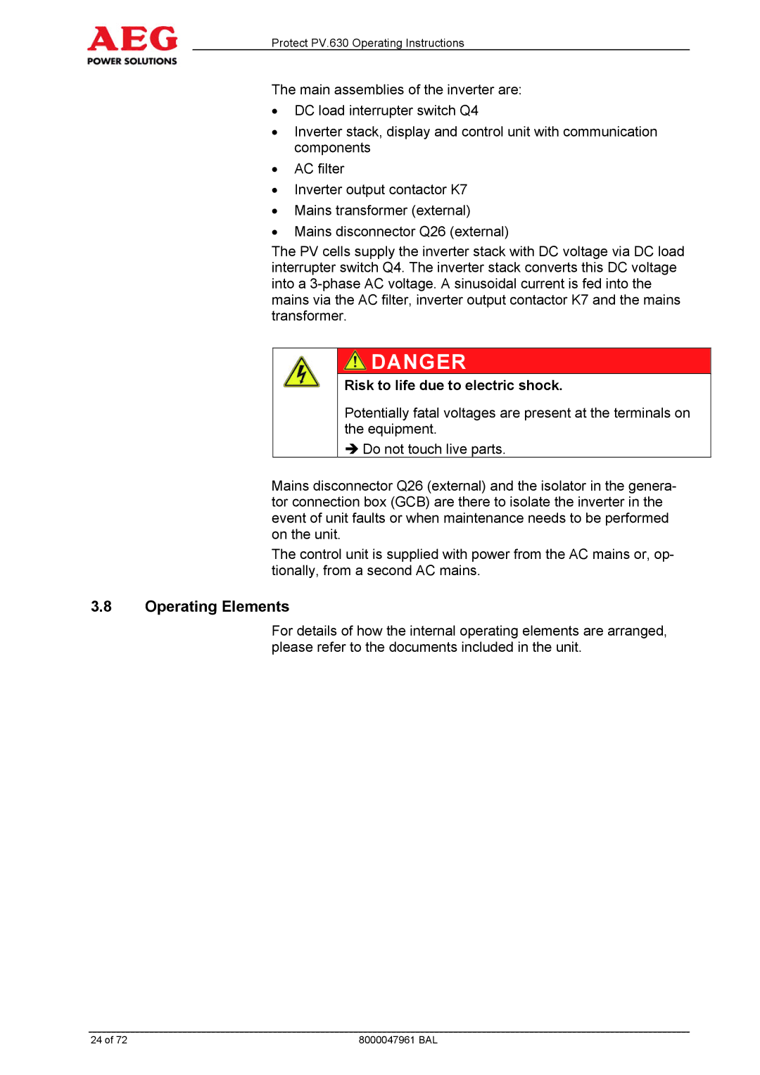 AEG PV.630 manual Operating Elements, Risk to life due to electric shock 