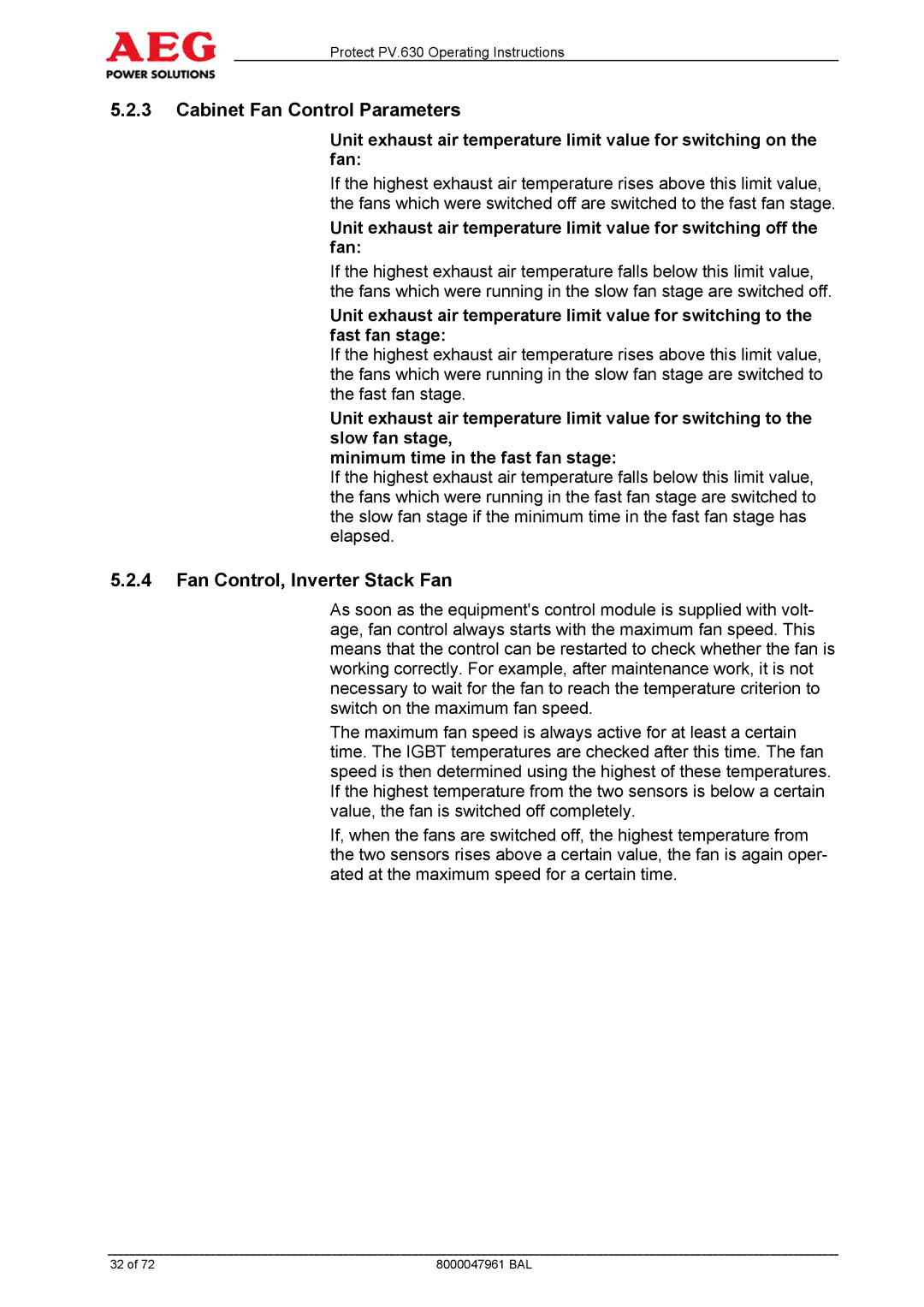 AEG PV.630 manual Cabinet Fan Control Parameters, Fan Control, Inverter Stack Fan 