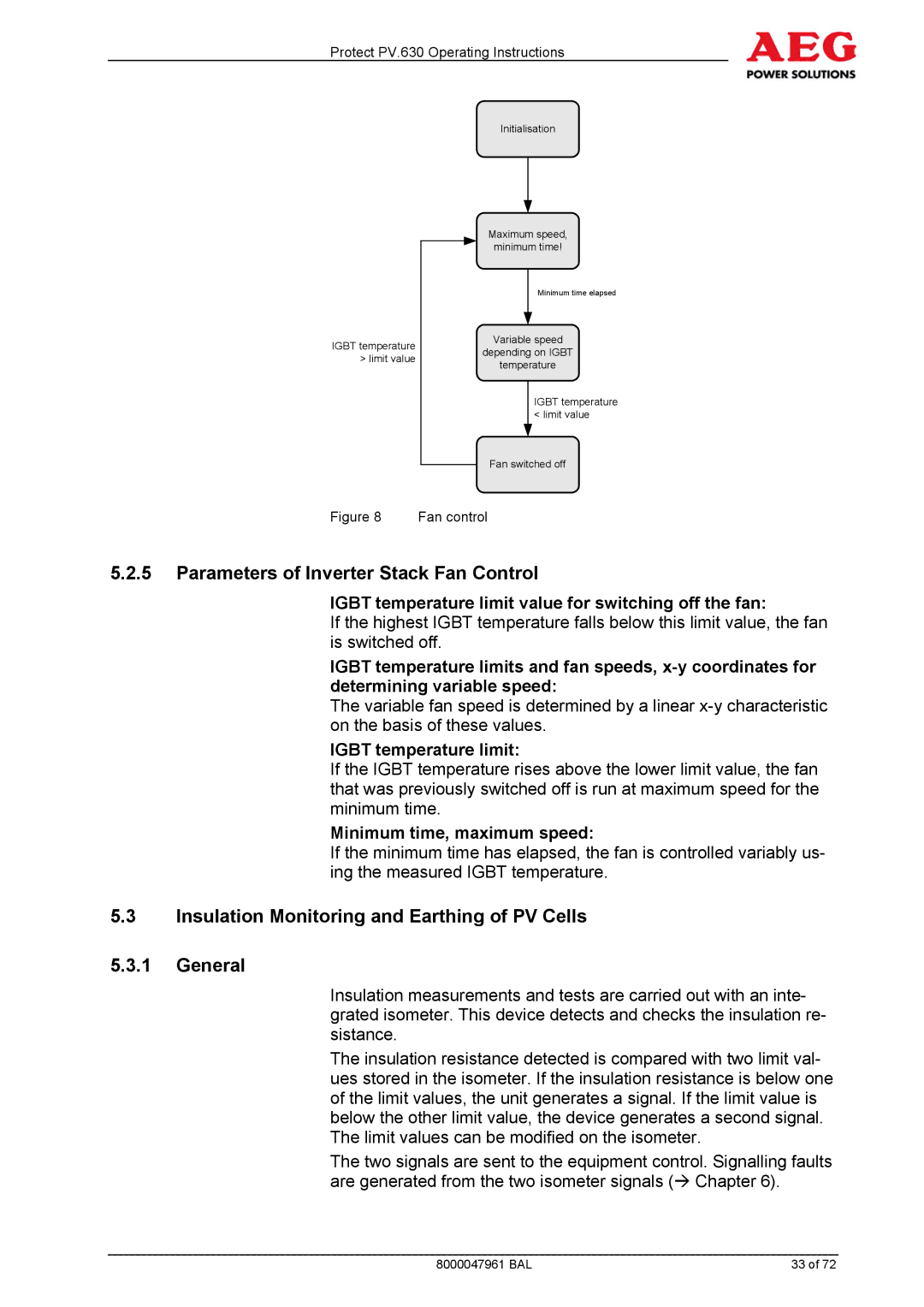 AEG PV.630 manual Parameters of Inverter Stack Fan Control, Insulation Monitoring and Earthing of PV Cells General 