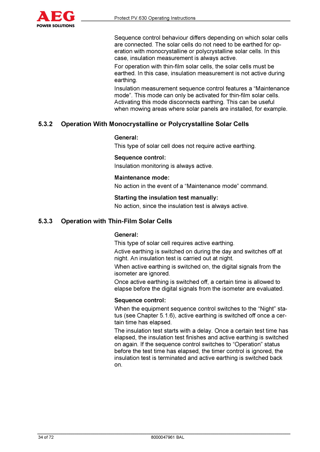 AEG PV.630 manual Operation with Thin-Film Solar Cells, General, Sequence control, Maintenance mode 