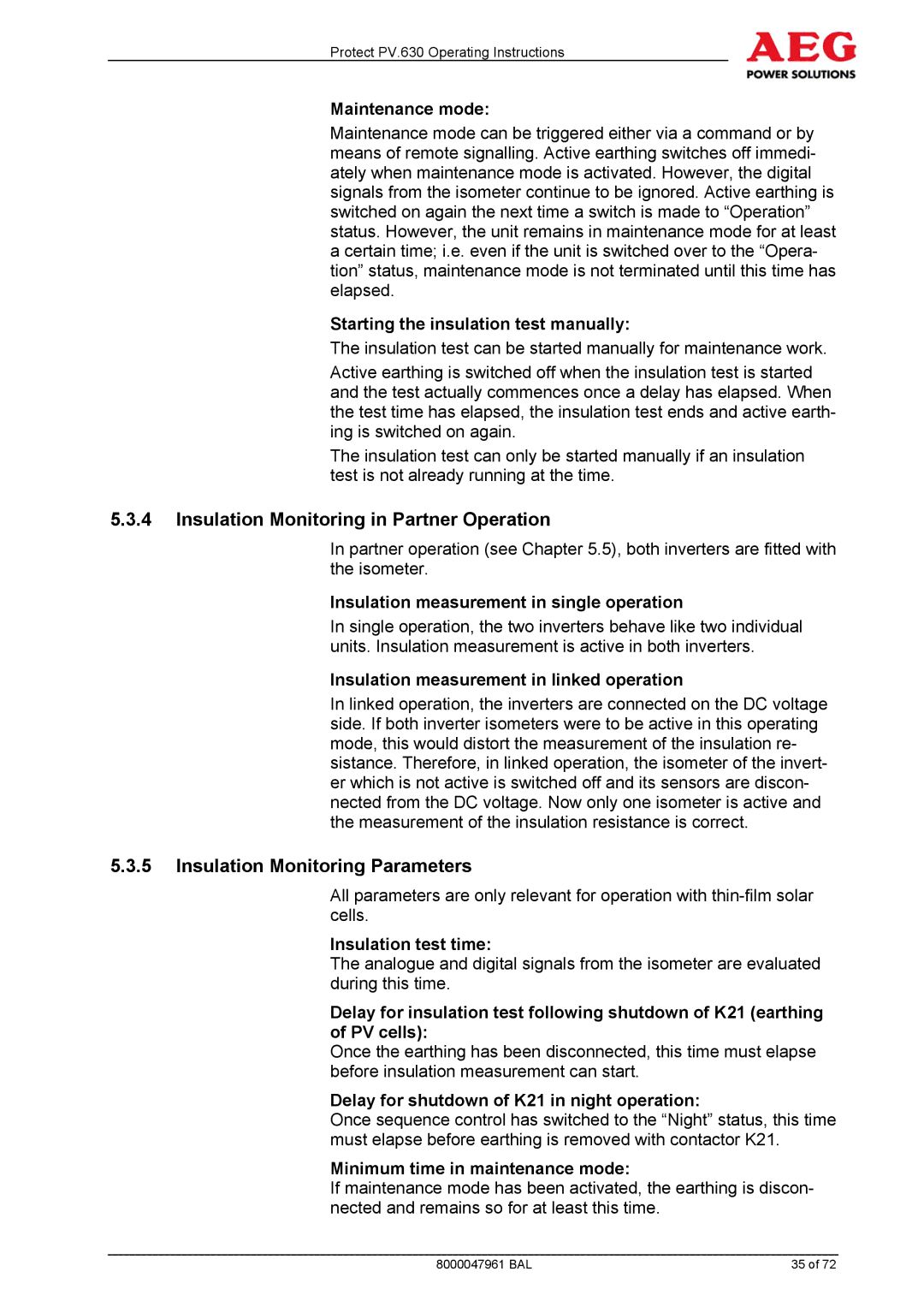 AEG PV.630 manual Insulation Monitoring in Partner Operation, Insulation Monitoring Parameters 