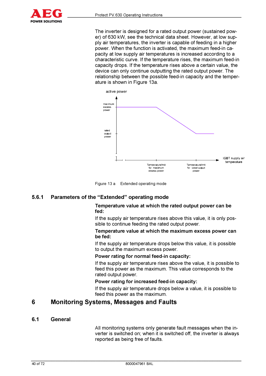 AEG PV.630 manual Monitoring Systems, Messages and Faults, Parameters of the Extended operating mode 