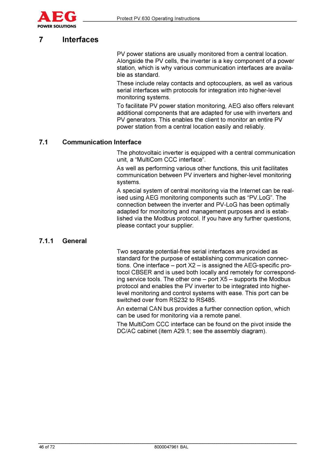 AEG PV.630 manual Interfaces, Communication Interface 