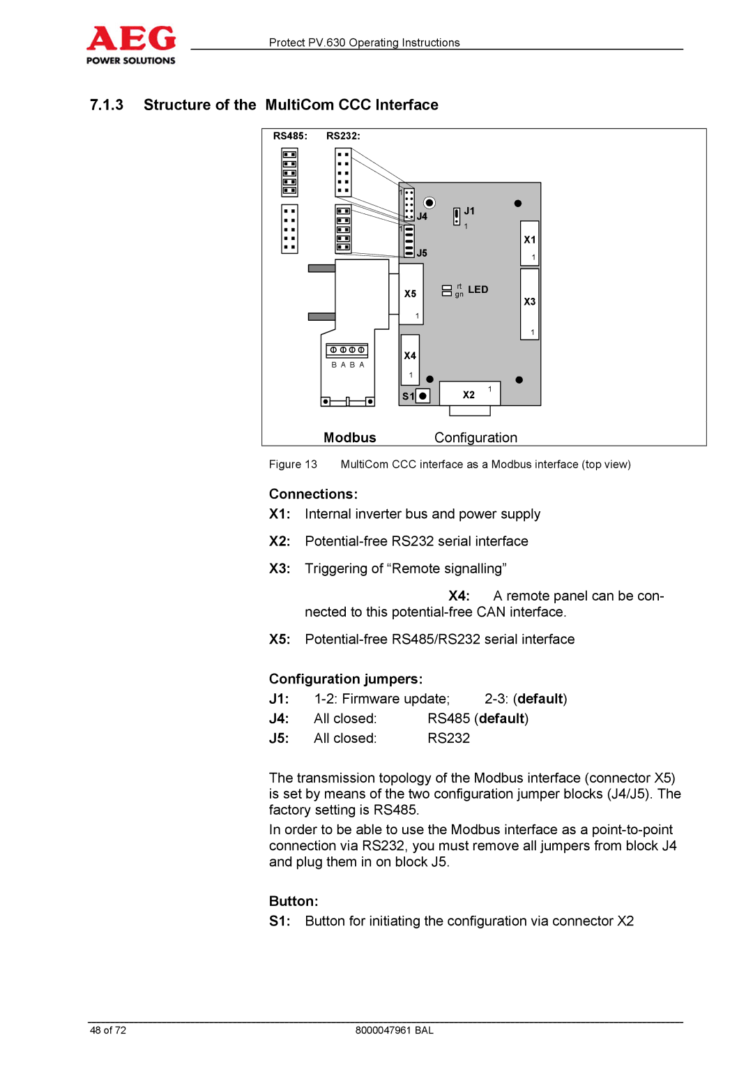 AEG PV.630 manual Structure of the MultiCom CCC Interface, Connections, Configuration jumpers, Button 