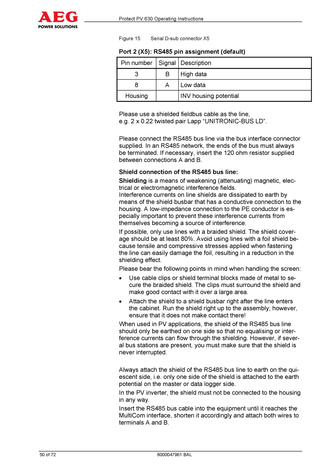 AEG PV.630 manual Port 2 X5 RS485 pin assignment default, Shield connection of the RS485 bus line 