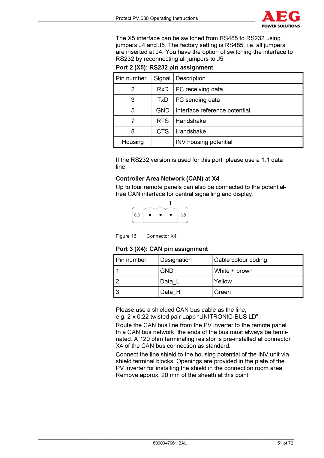 AEG PV.630 manual Port 2 X5 RS232 pin assignment, Controller Area Network can at, Port 3 X4 can pin assignment 