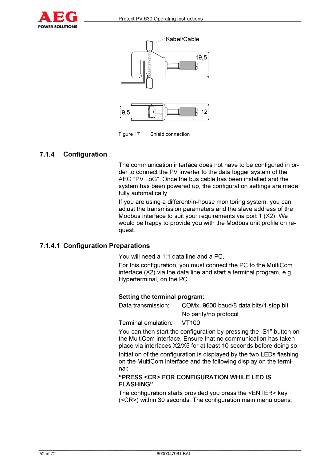 AEG PV.630 manual Configuration Preparations, Setting the terminal program 