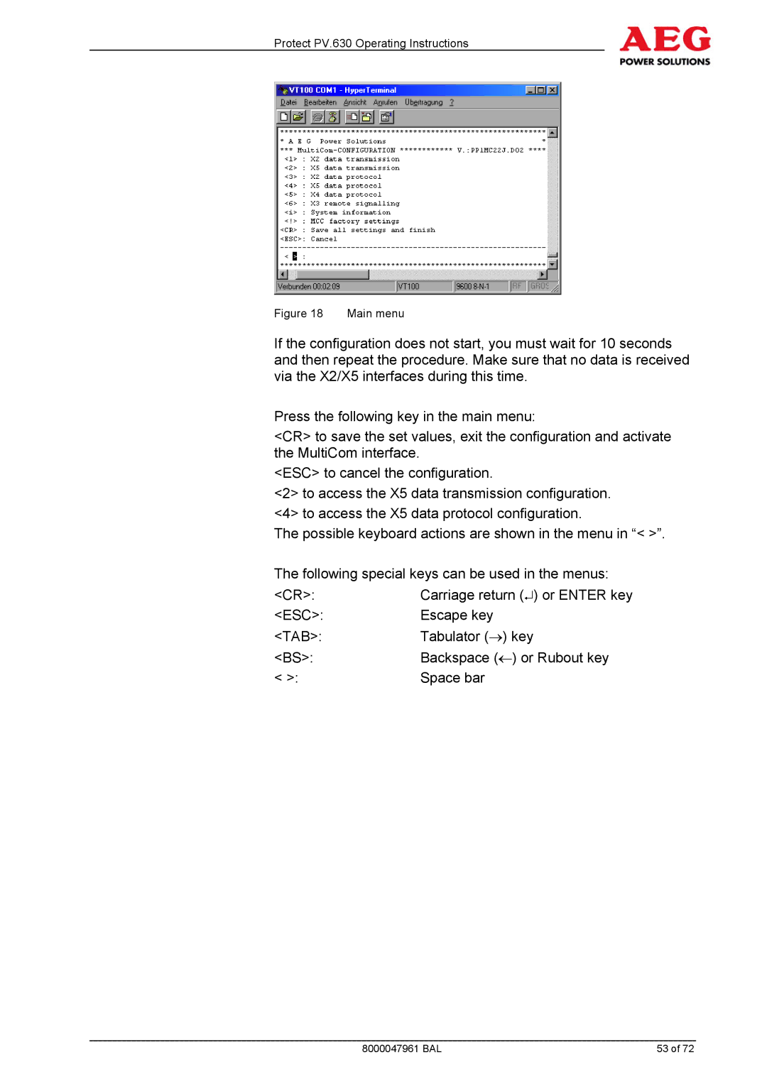 AEG PV.630 manual Carriage return or Enter key 