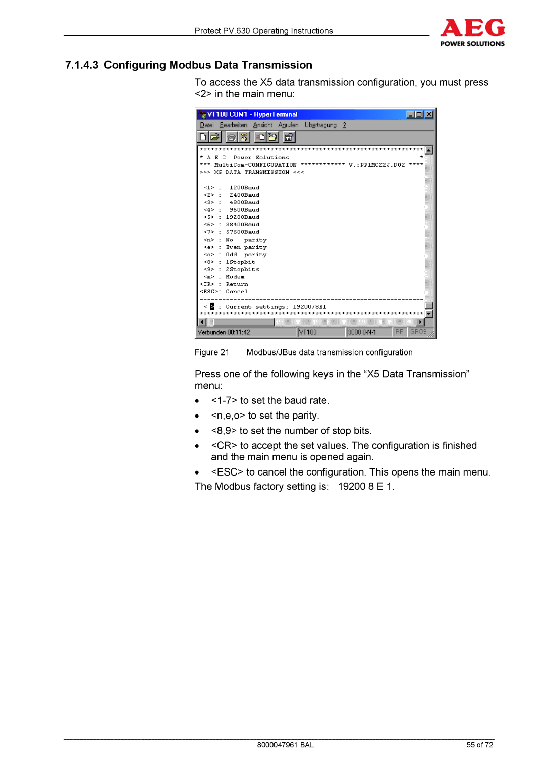 AEG PV.630 manual Configuring Modbus Data Transmission, Modbus/JBus data transmission configuration 