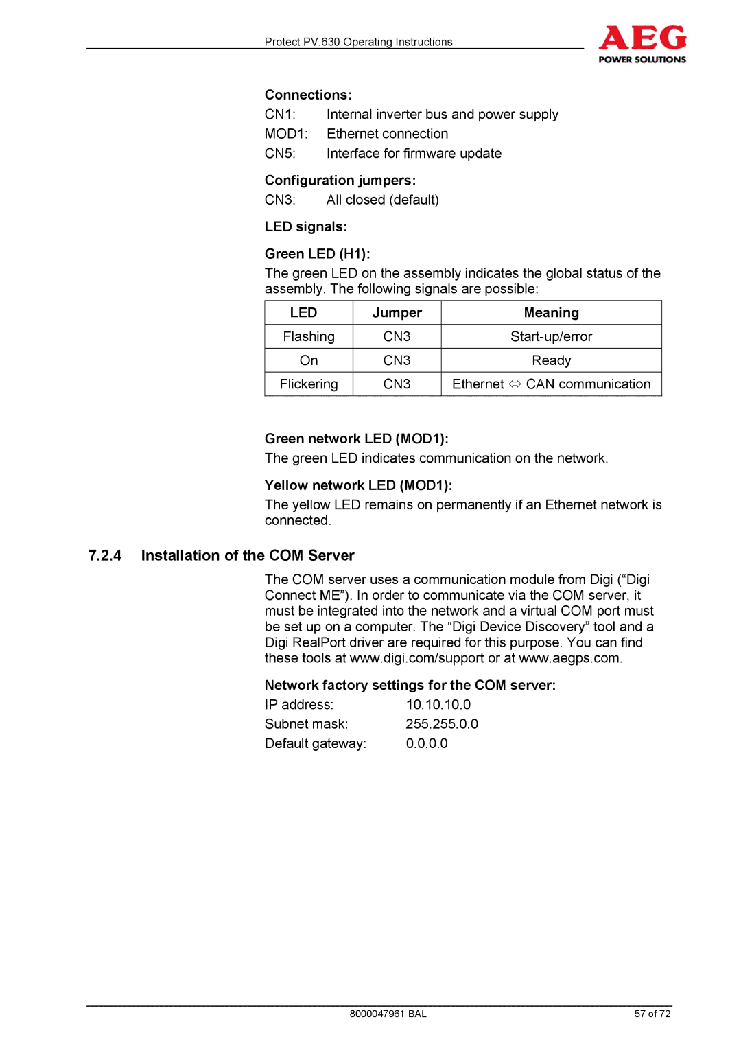 AEG PV.630 manual Installation of the COM Server 