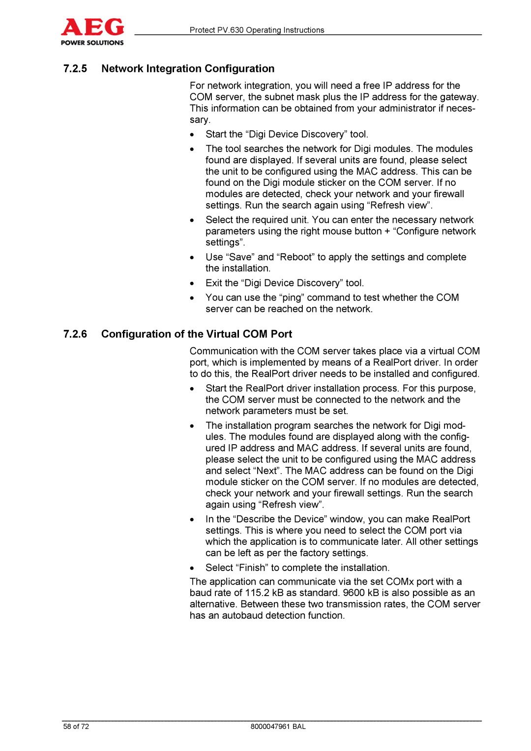 AEG PV.630 manual Network Integration Configuration, Configuration of the Virtual COM Port 