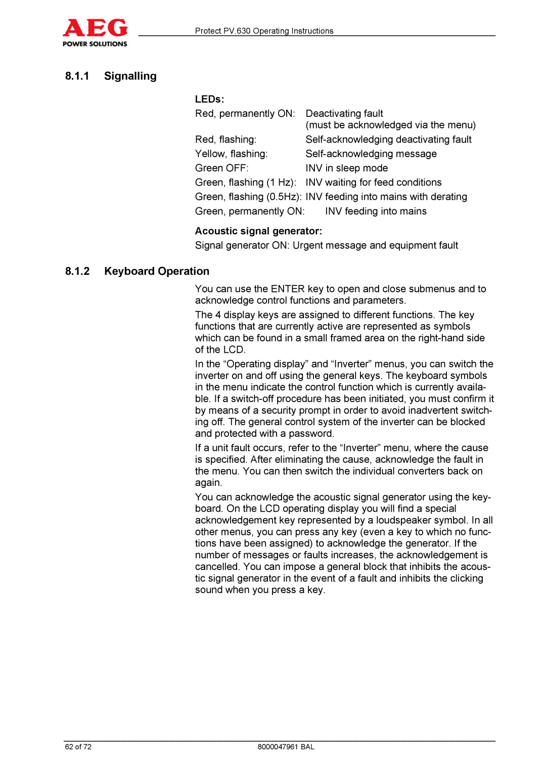 AEG PV.630 manual Signalling, Keyboard Operation, LEDs, Acoustic signal generator 