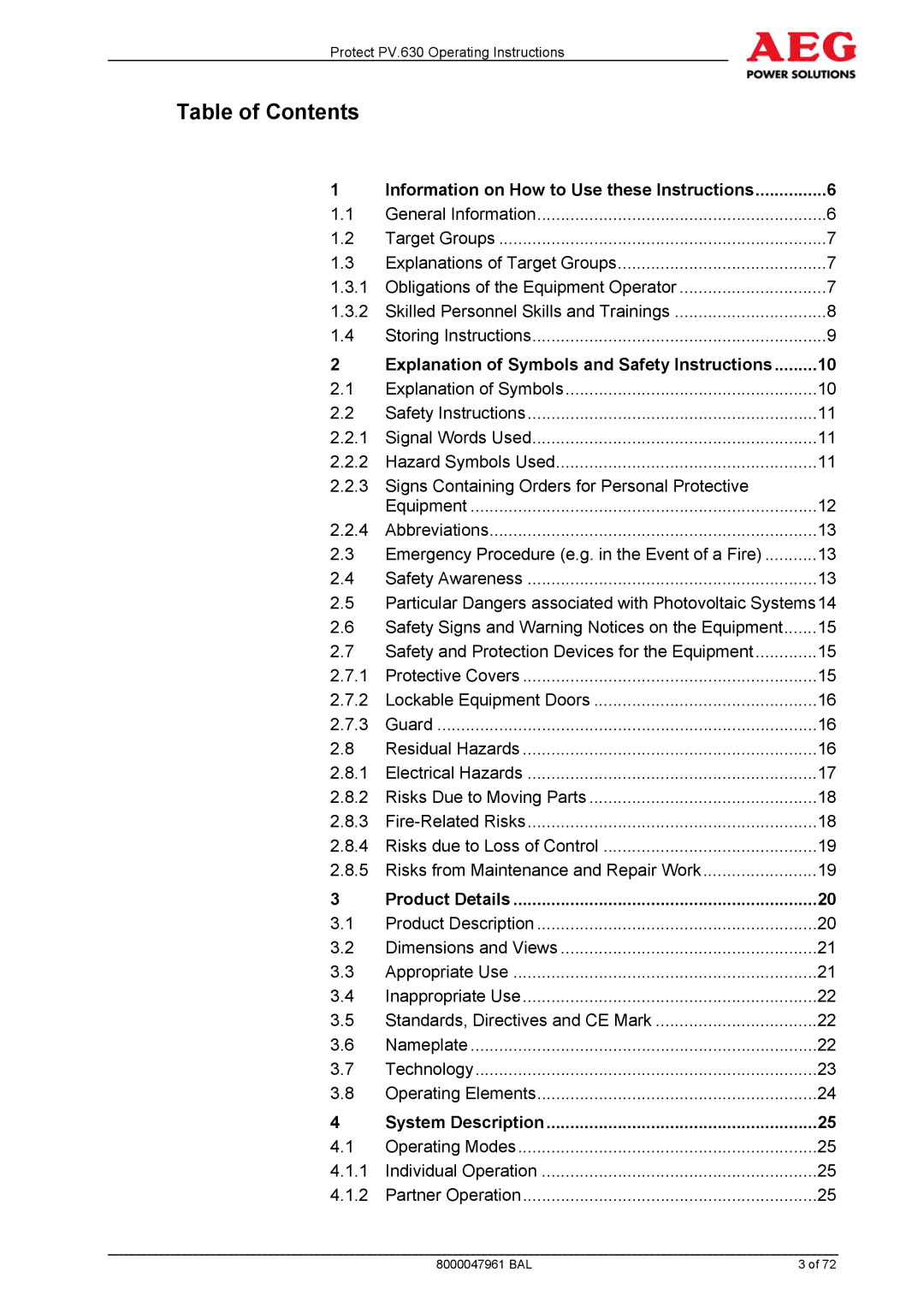 AEG PV.630 manual Table of Contents 