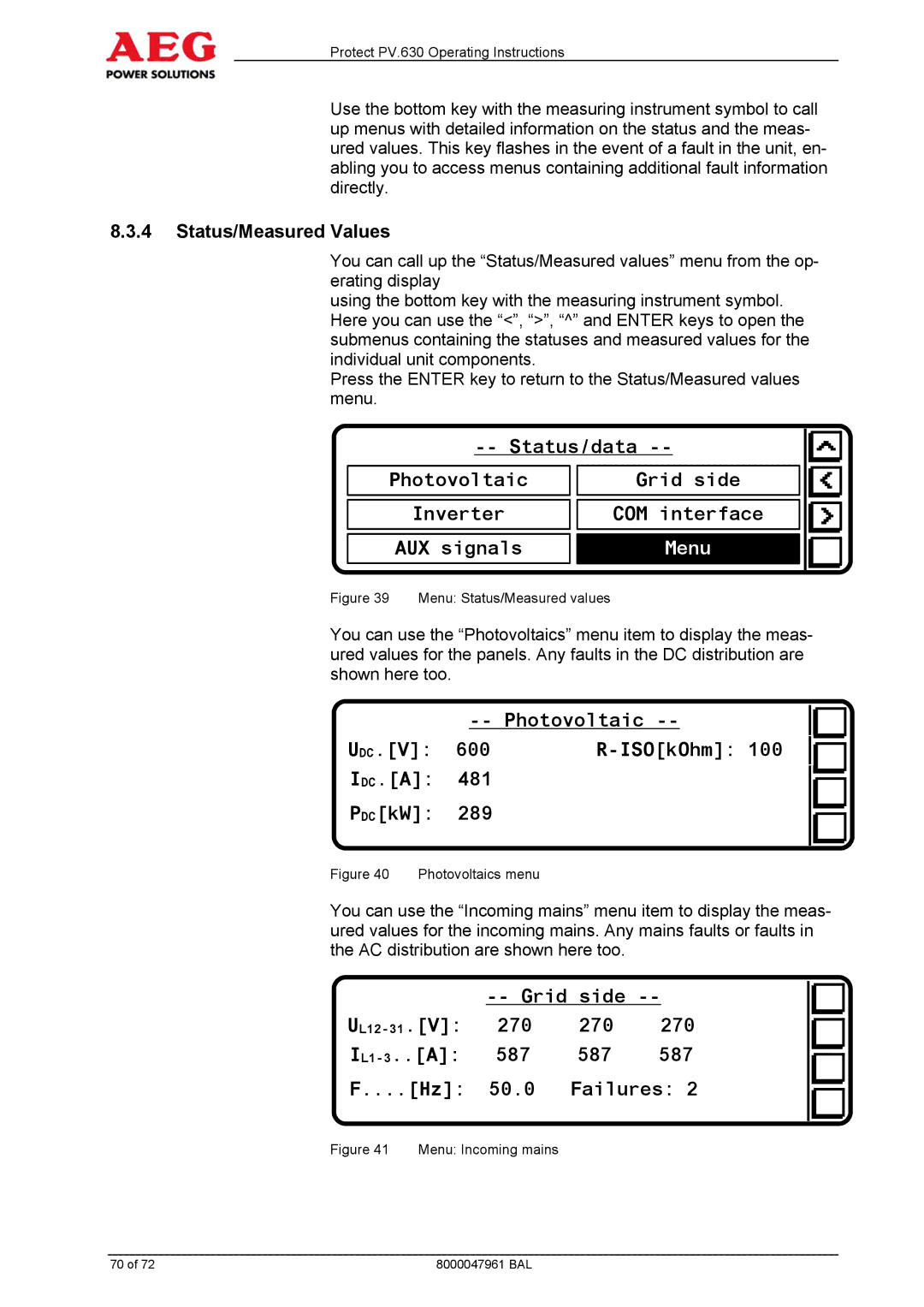 AEG PV.630 manual Menu, Status/Measured Values 