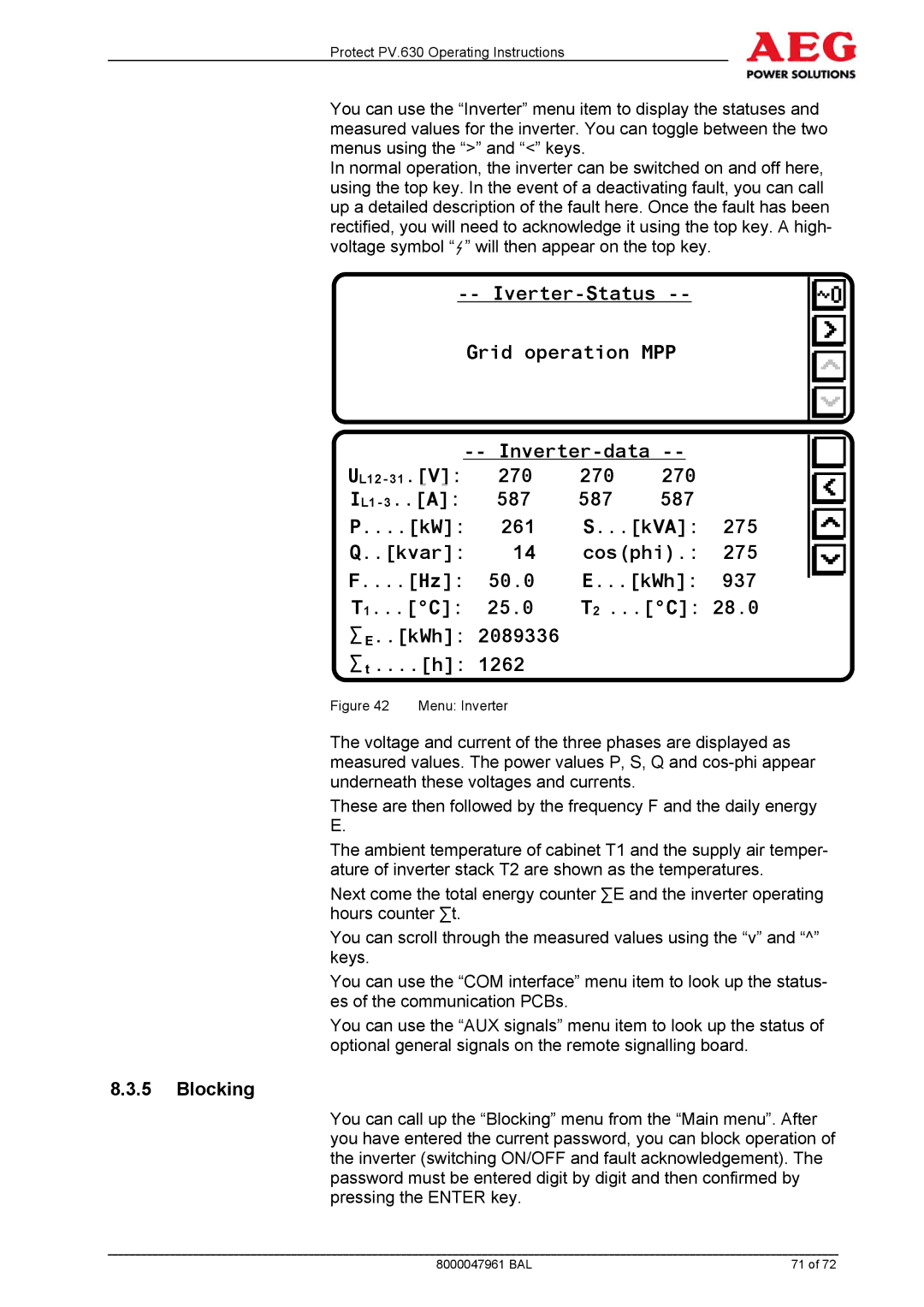 AEG PV.630 manual Blocking, Menu Inverter 