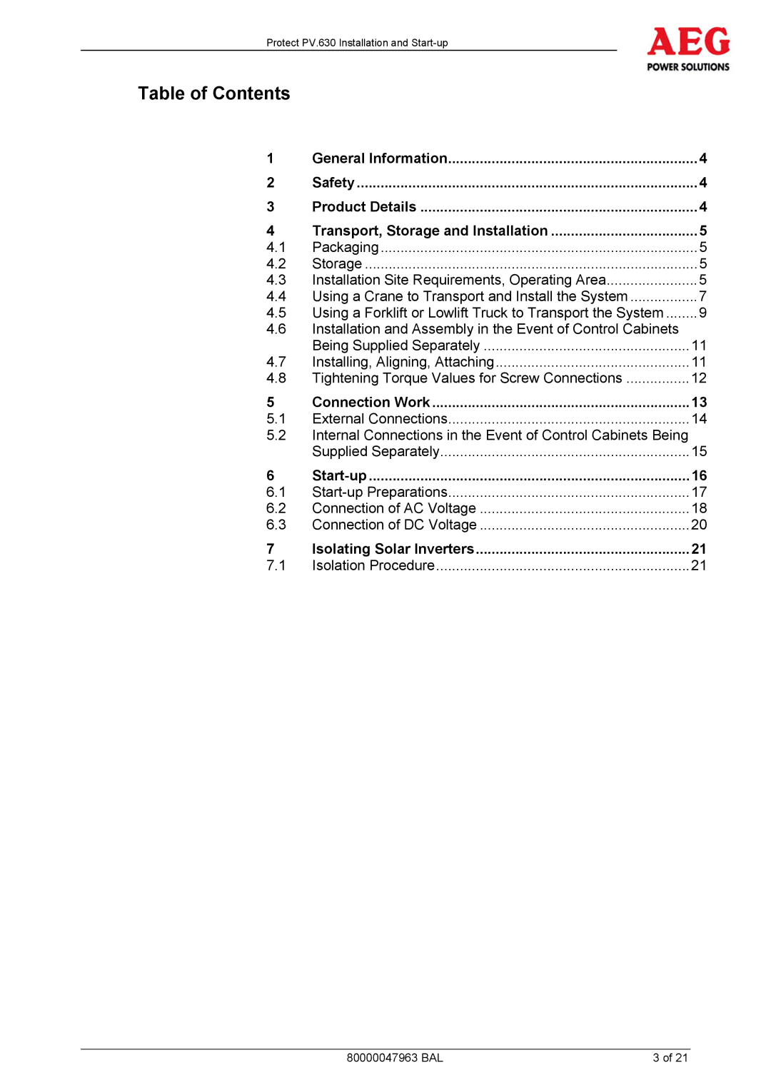 AEG PV.630 manual Connection Work, Start-up, Isolating Solar Inverters 
